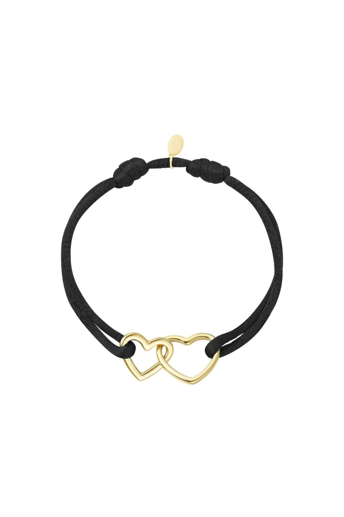 Zwart stoffen  armband met hartjes, goud