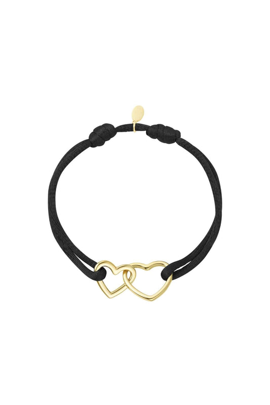 Zwart stoffen  armband met hartjes, goud