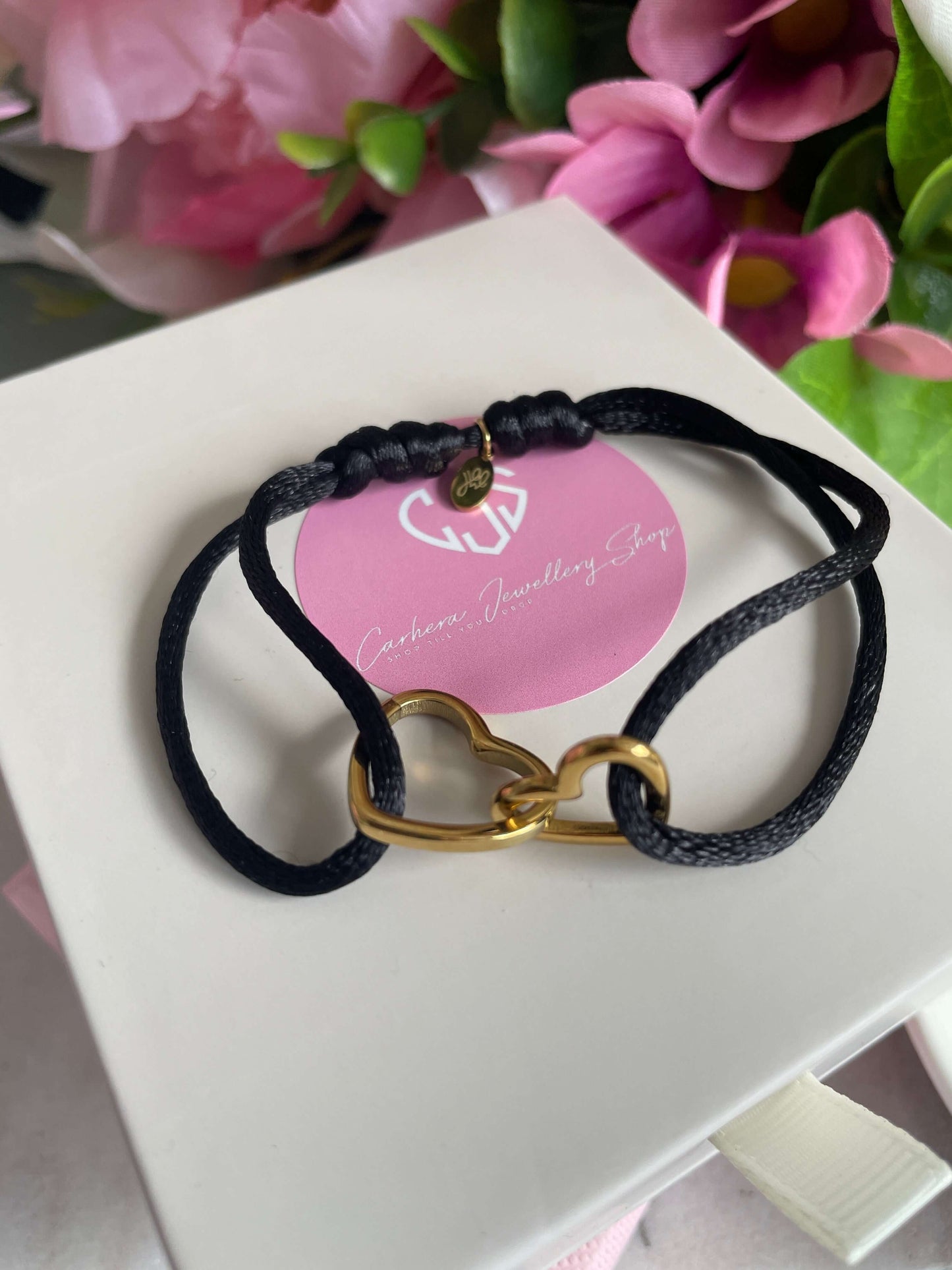 Zwart stoffen  armband met hartjes, goud